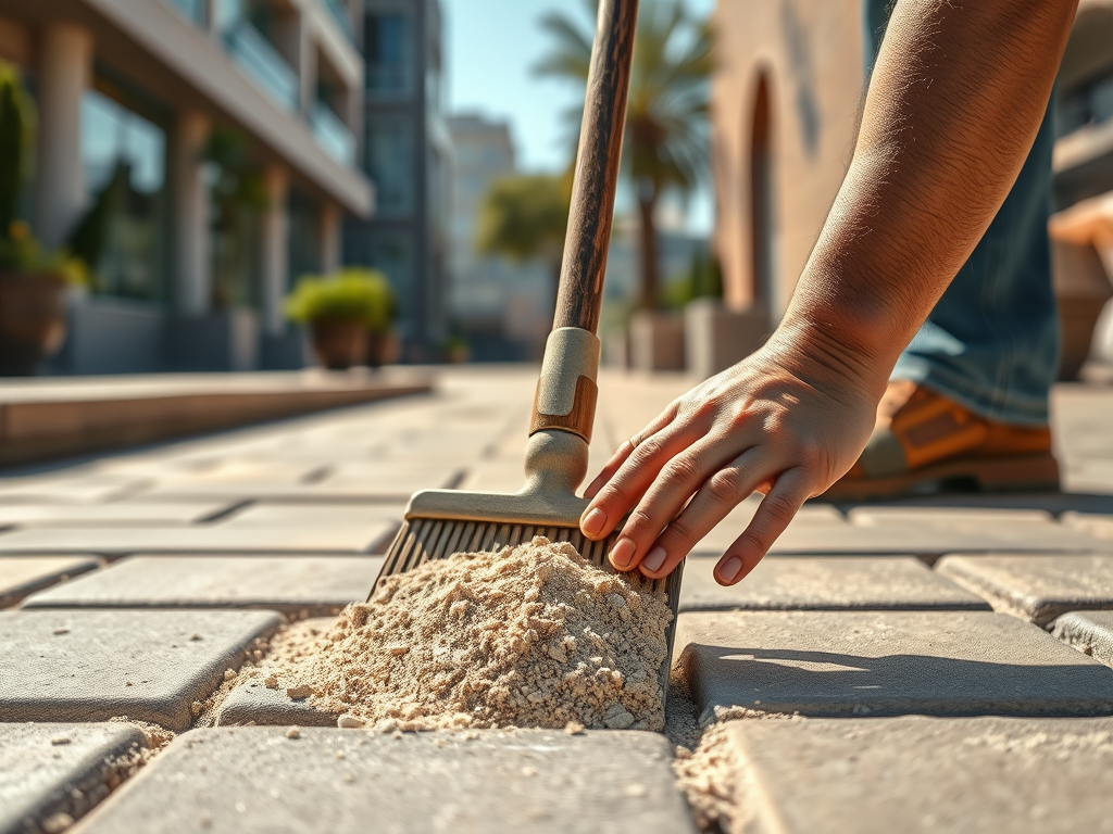 Hand sweeping sand into a gap between sidewalk pavers with a broom nearby