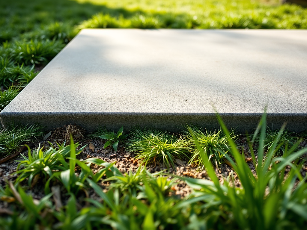 Concrete slab in green grass, lit by sunlight in a garden or yard