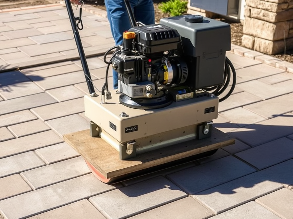 Plate compactor on paving stones at a construction site
