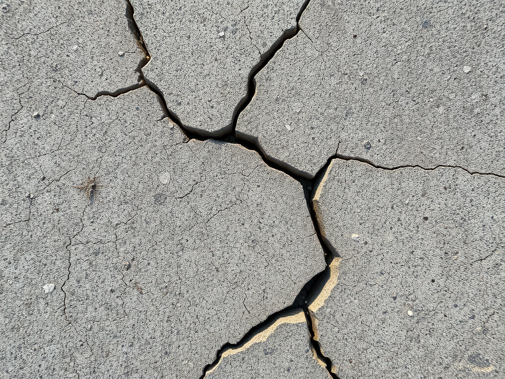 Cracked gray concrete surface with a large jagged split and smaller branching cracks