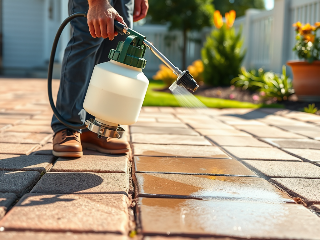 Person pressure washing a driveway with a green sprayer and white tank near a garden path