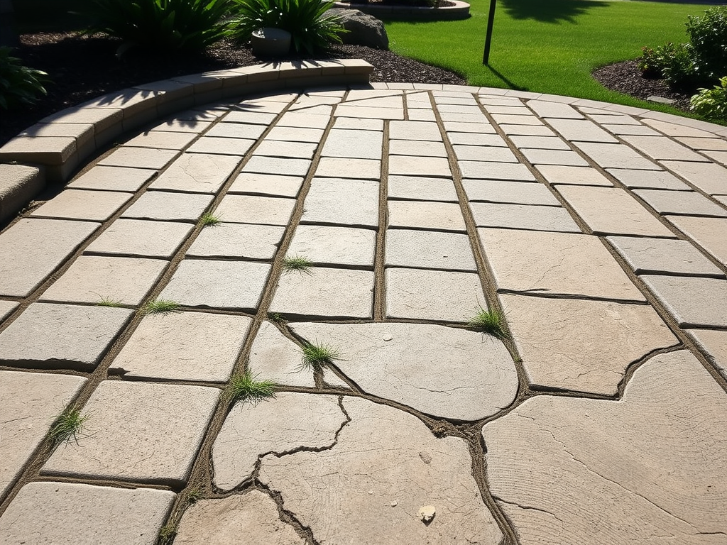 Cracked stone patio path leading through a sunny garden with grass and shrubs