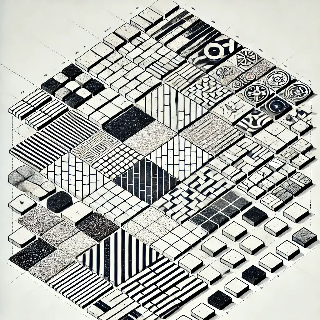 Abstract black-and-white geometric pattern of tiled squares, stripes, and grids.