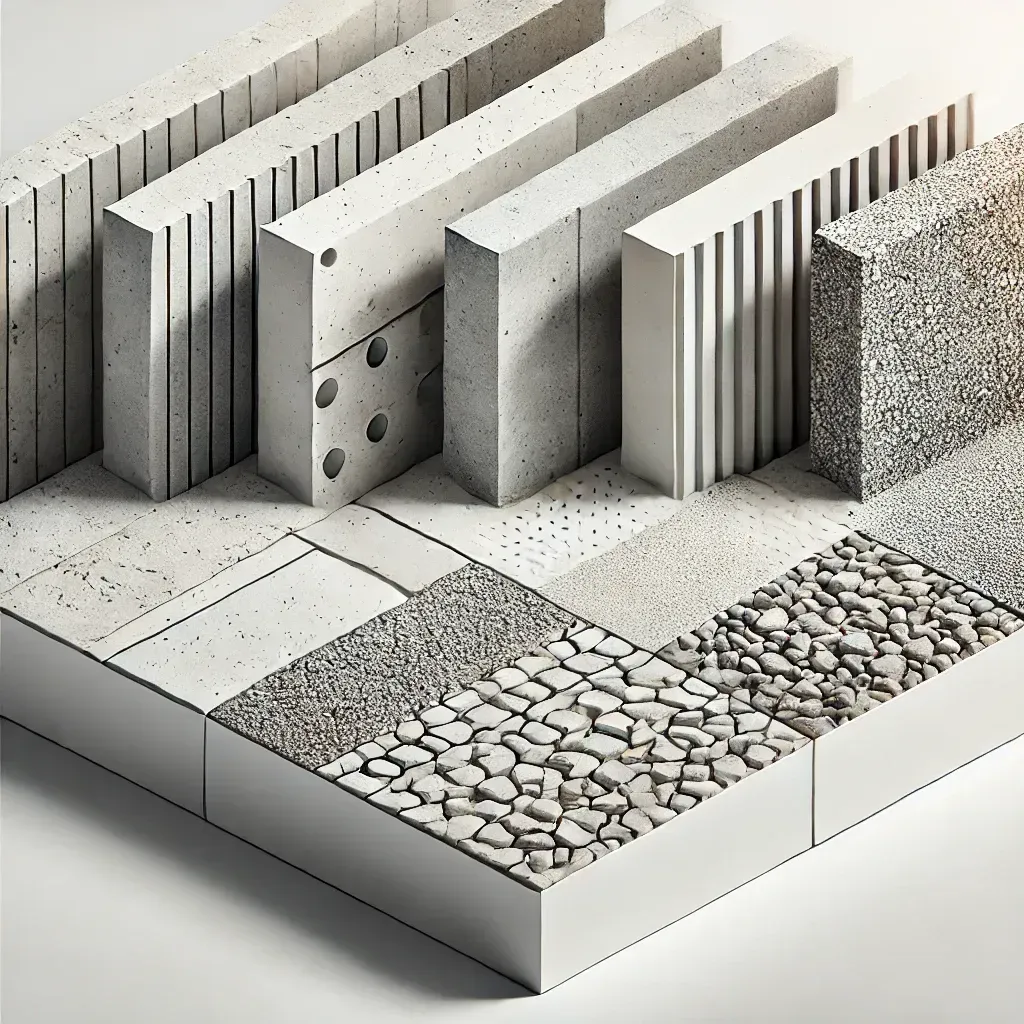 Concrete texture samples arranged in a display, showing slabs, pavers, and gravel finishes in gray tones