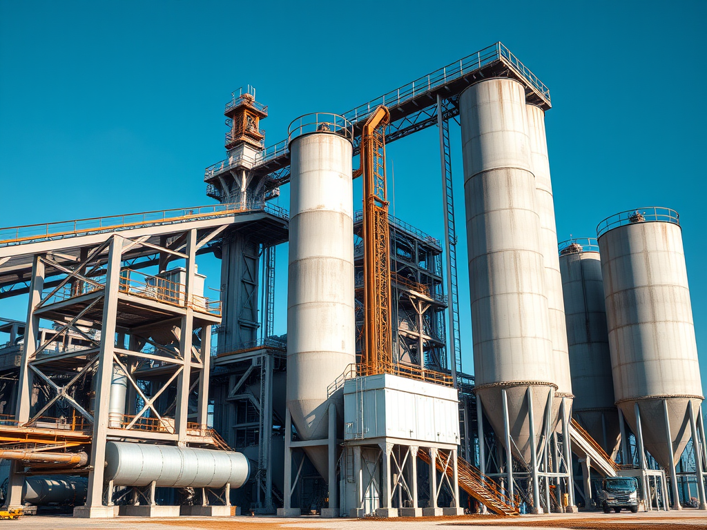 Large industrial plant with tall silver silos and steel framework under a clear blue sky