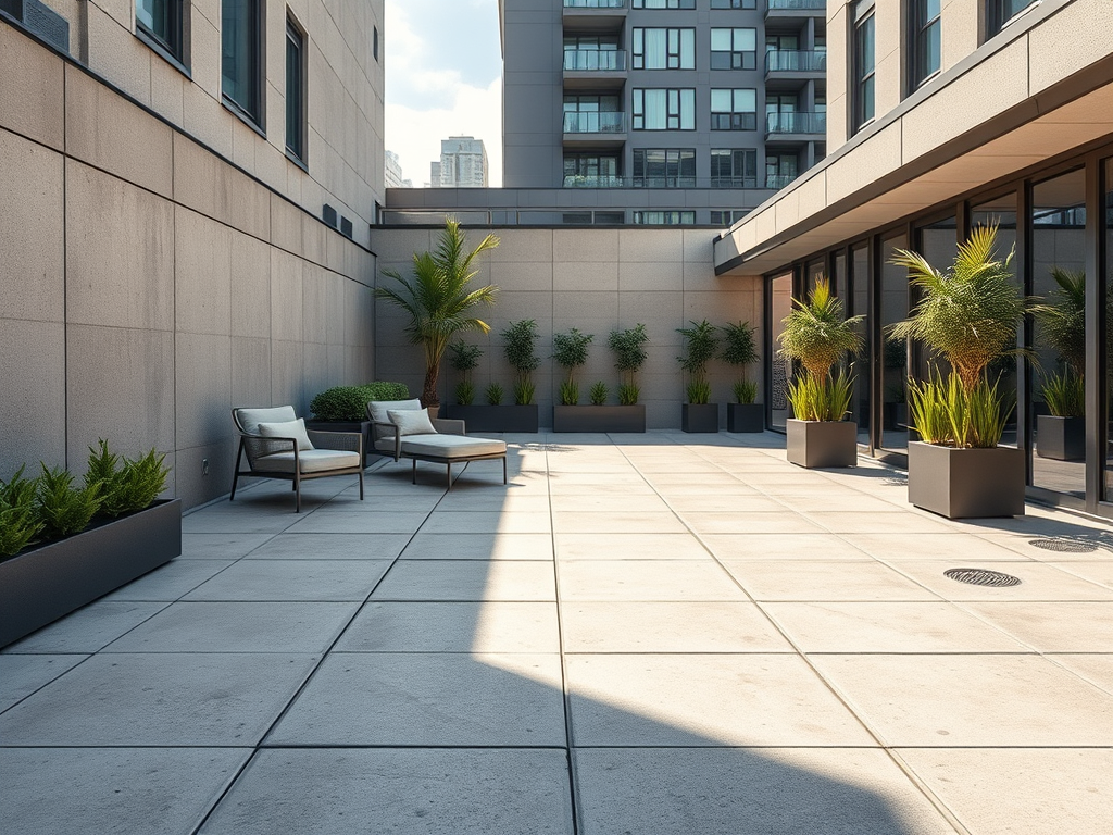 Modern apartment courtyard patio with lounge chairs, planters, and tall building backdrop