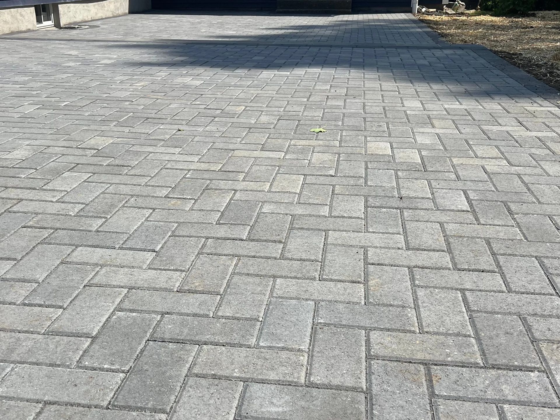 Gray brick-paved driveway or walkway in sunlight, with shadows at the edges.
