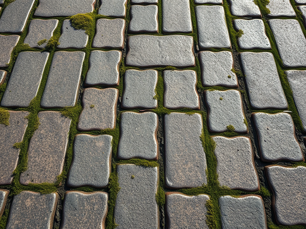 Gray cobblestone pavement with moss between uneven rectangular stones