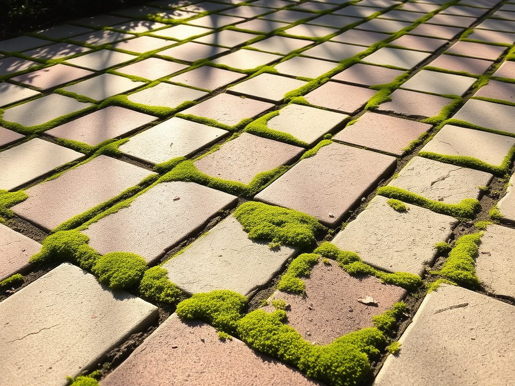 Sunlit paving stones with green moss growing between the joints
