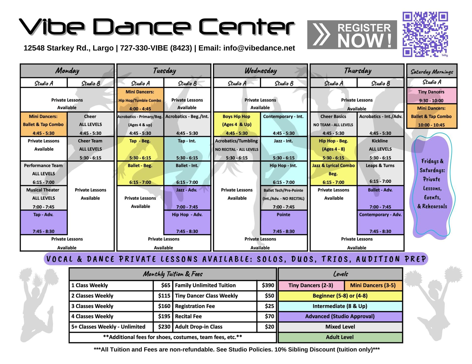 Vibe Dance Center class schedule flyer with colorful weekly timetable and QR code for registration