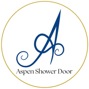 Aspen Shower Door logo with blue stylized “A” inside a gold circle on white background