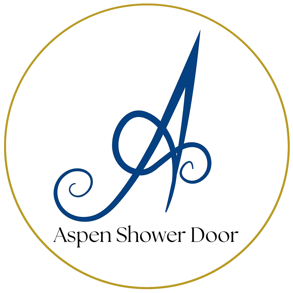 Aspen Shower Door logo with blue stylized &ldquo;A&rdquo; inside a gold circle on white background