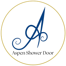 Aspen Shower Door logo with blue stylized &ldquo;A&rdquo; inside a gold circle on white background