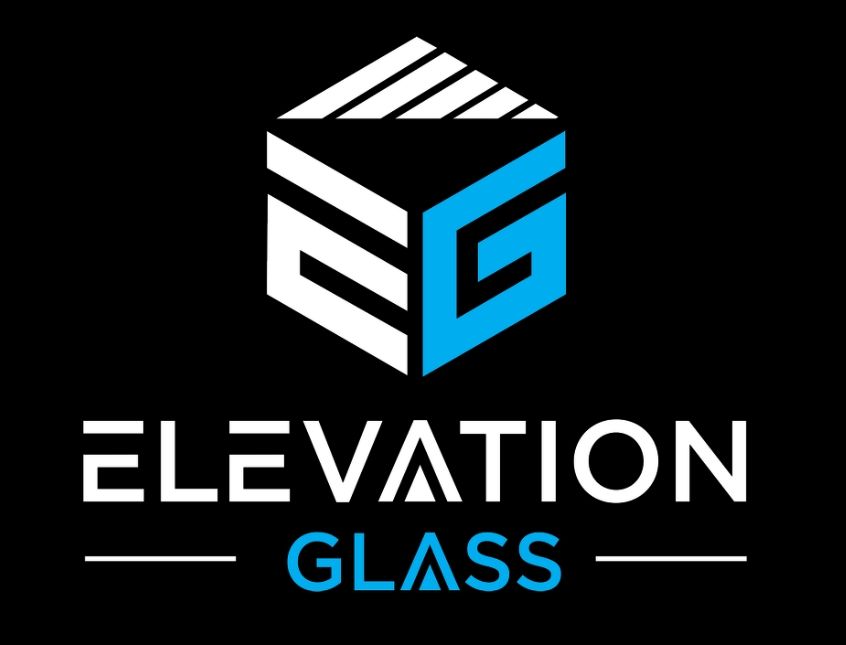 Elevation Glass logo with black, white, and blue geometric cube icon on a black background.