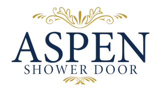 Aspen Shower Door logo with blue stylized “A” inside a gold circle on white background