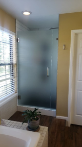 Bright entryway with frosted glass front door, white walls, wood floor, and a small plant on a table.