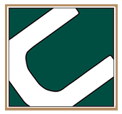 White letter C on a dark green square with a tan border