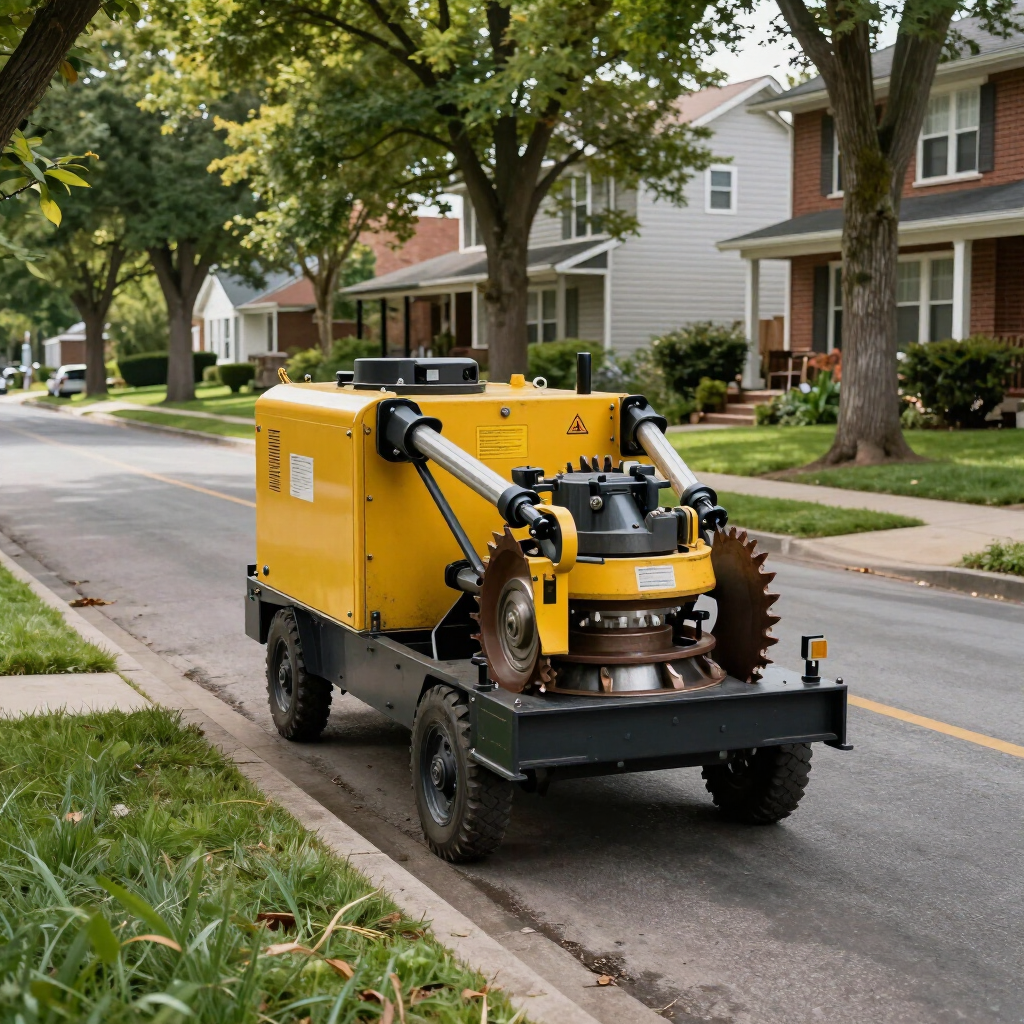 Yellow street-utility machine parked on a suburban road lined with trees and houses