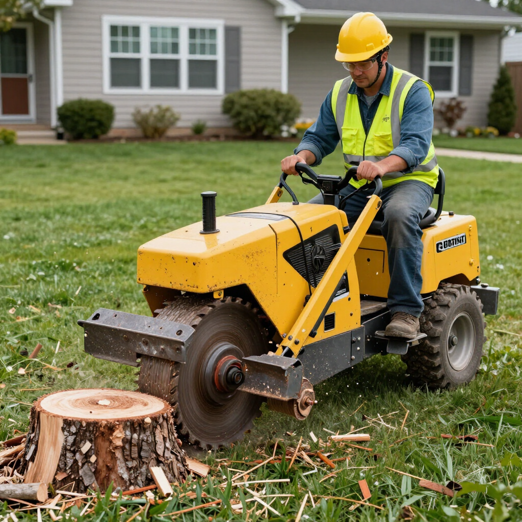 Worker in hard hat using a yellow stump grinder to remove a tree stump in a yard.