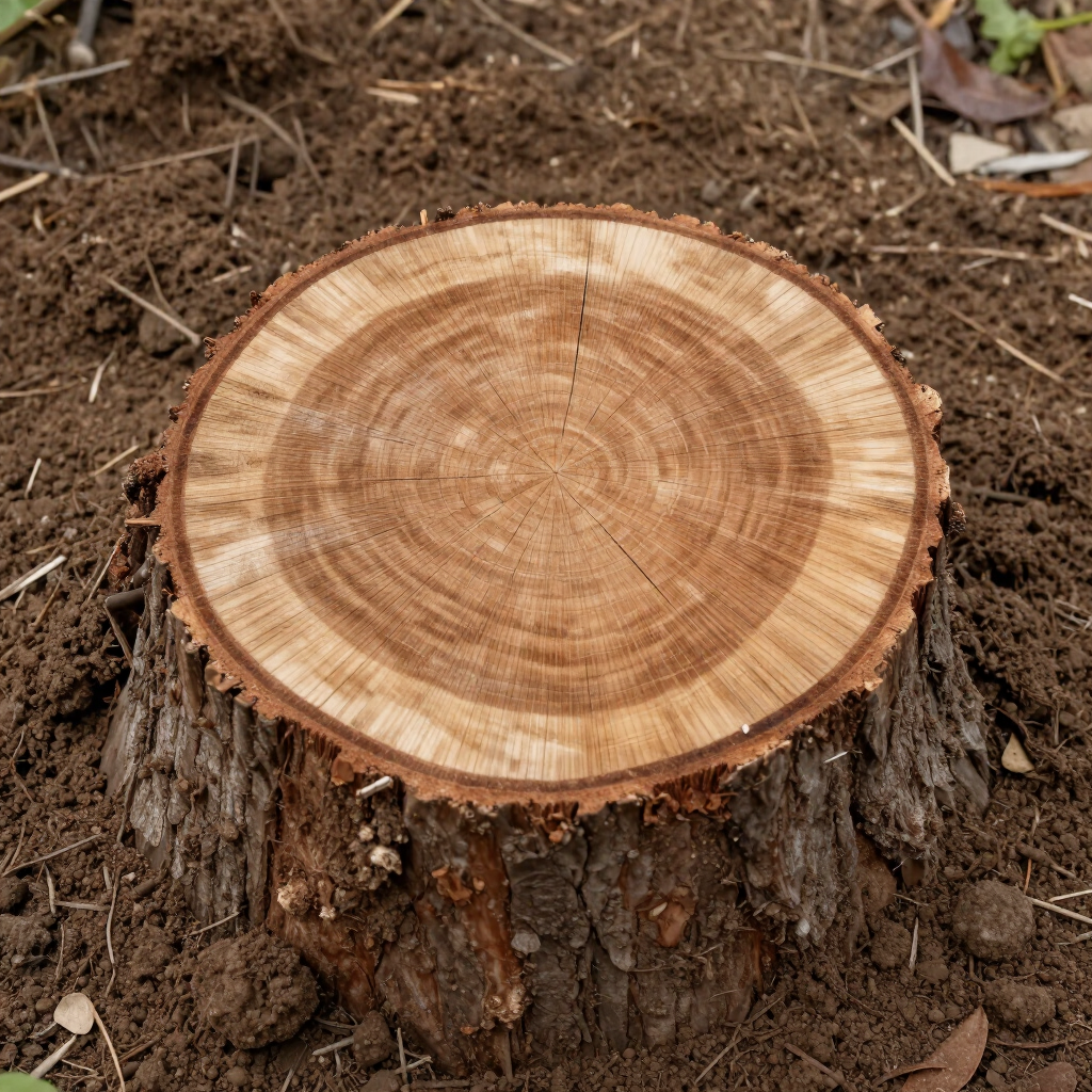 Freshly cut tree stump with visible growth rings in brown dirt and bark remnants