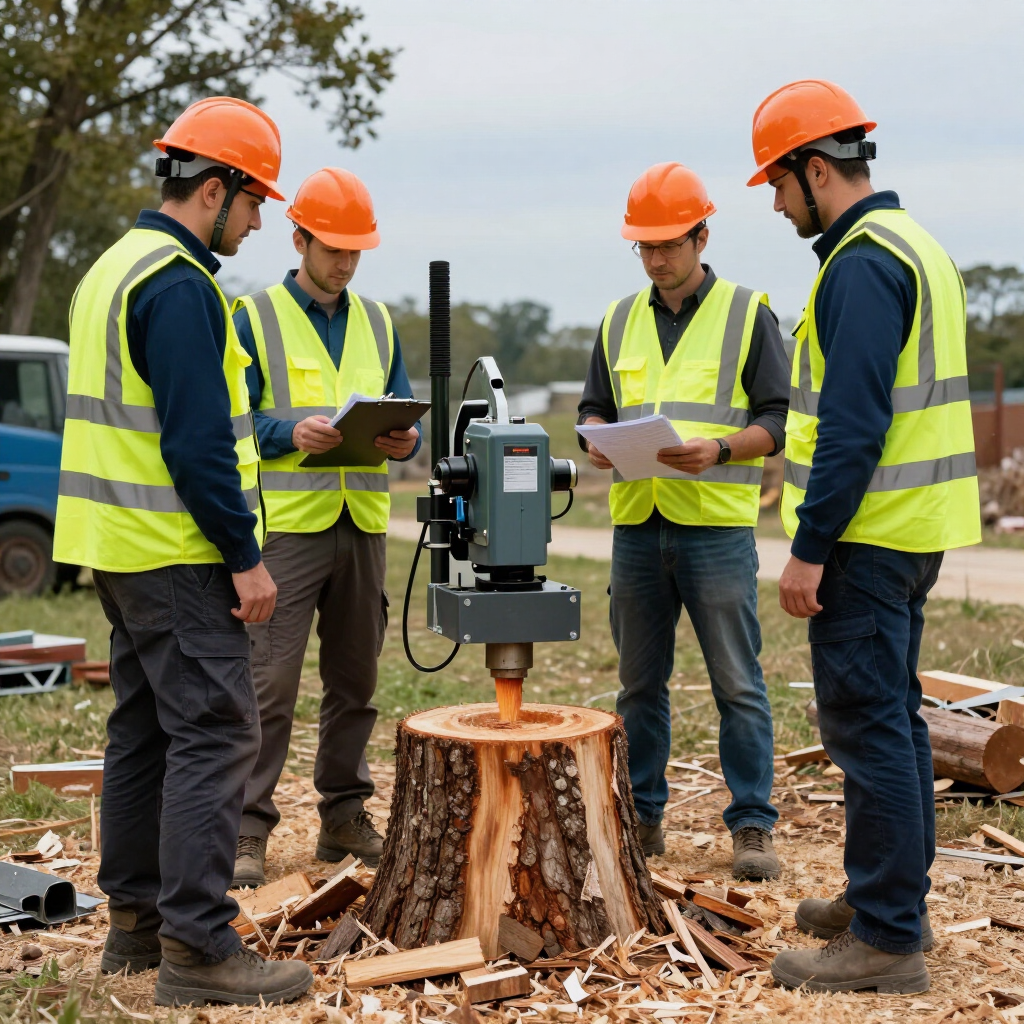 Four workers in hard hats and safety vests inspect a drilling rig beside a tree stump outdoors.
