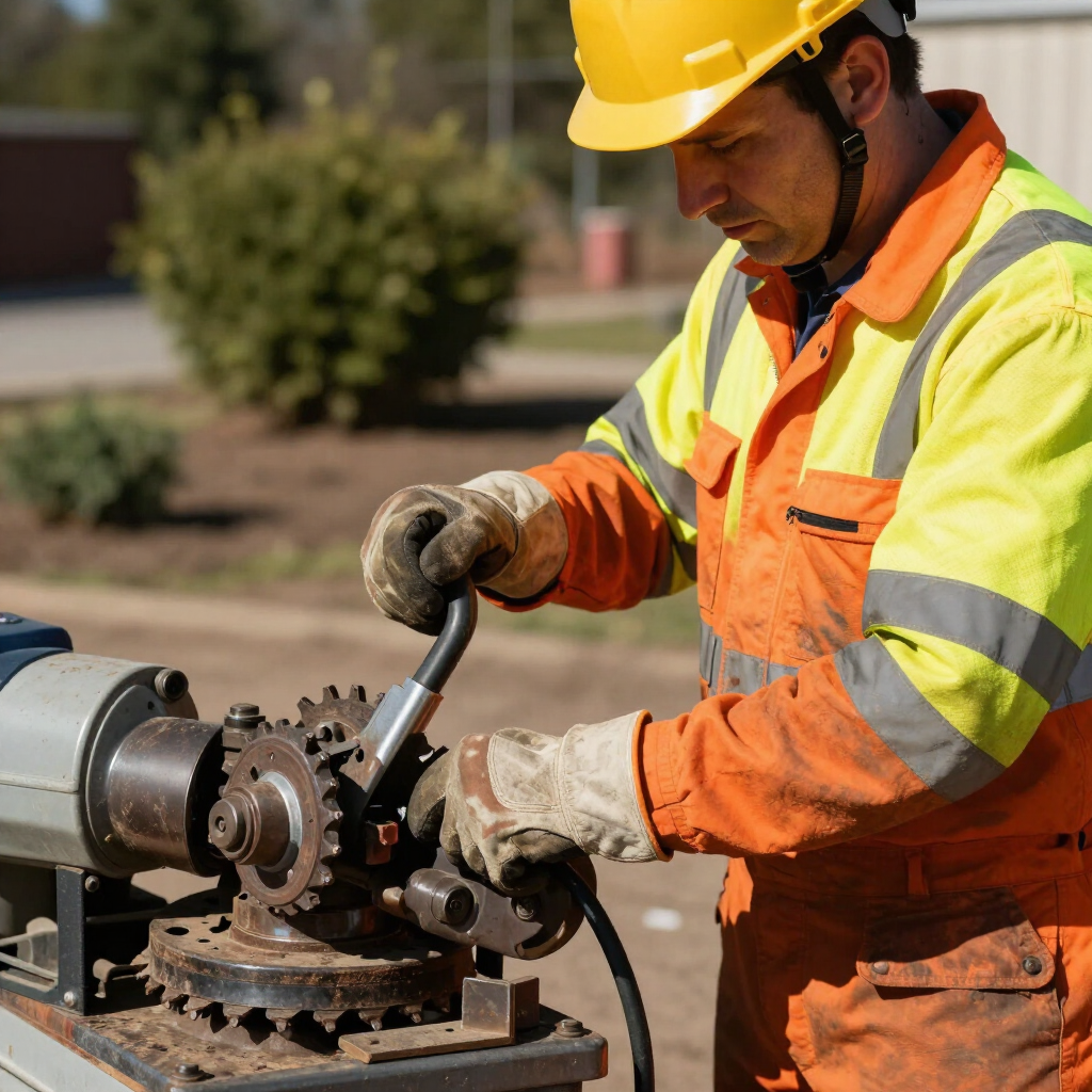 Worker in orange safety vest and yellow hard hat operating a pipe threading machine outdoors.