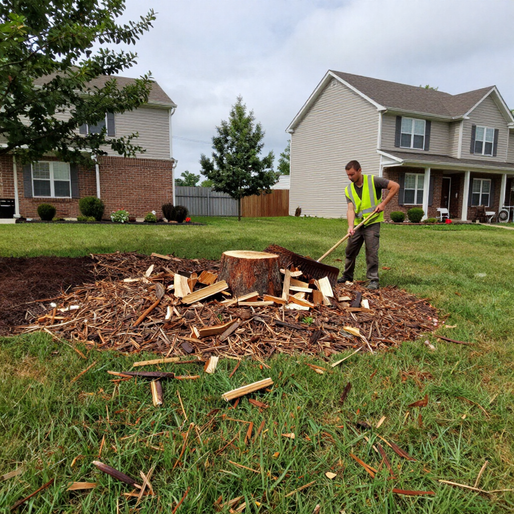 Worker in a neon vest cutting a tree stump in a suburban yard with a chainsaw.