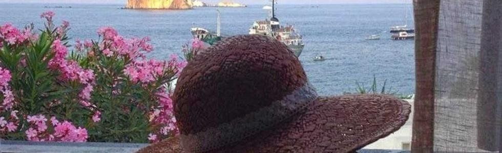 In primo piano, un cappello marrone a tesa larga sovrasta fiori rosa e un porto con delle barche.