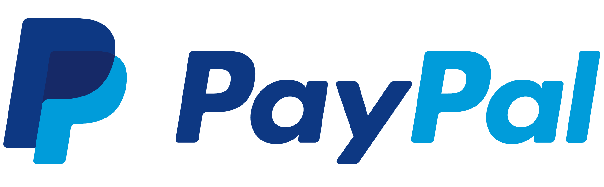 A blue and white paypal logo on a white background