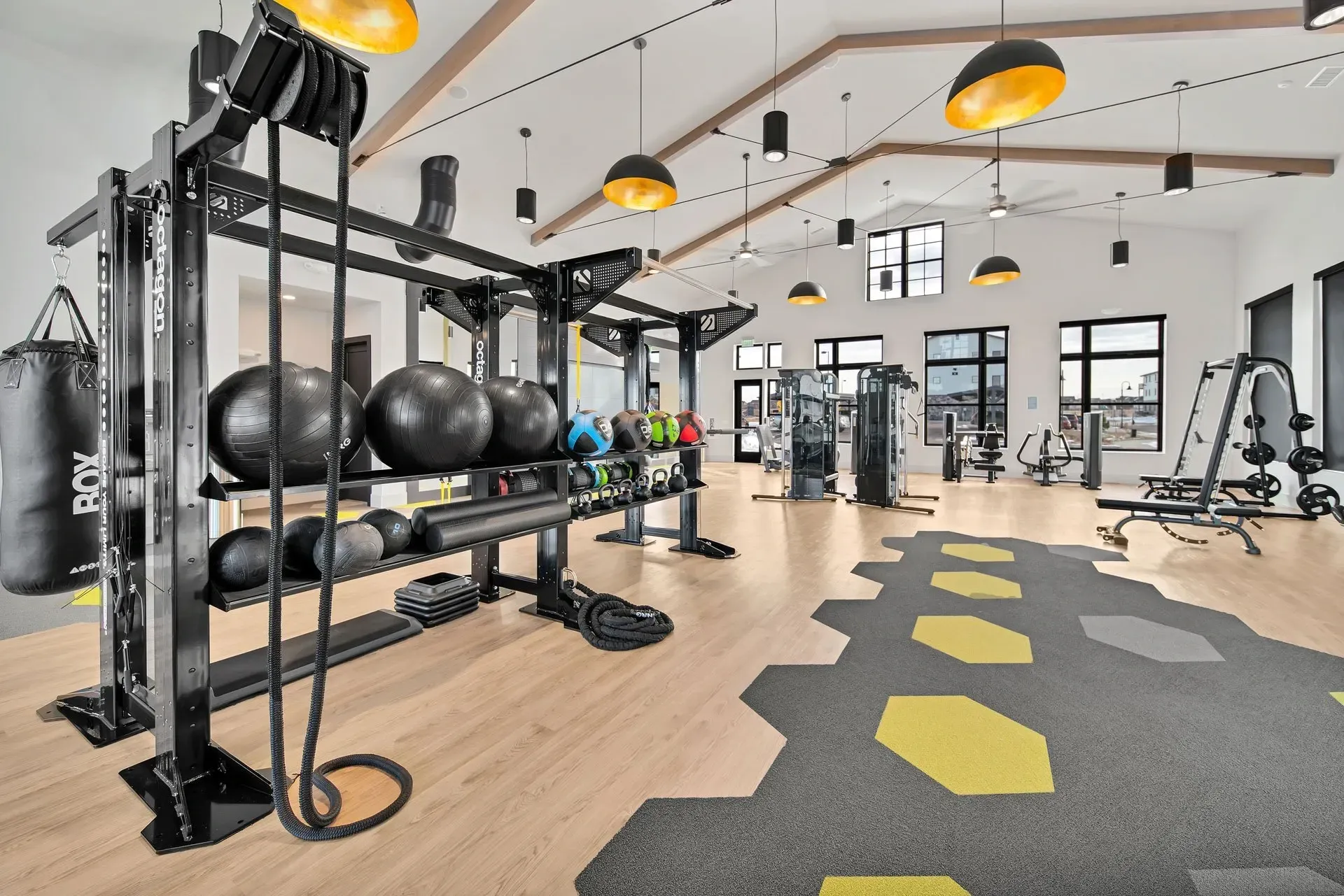 Modern gym with weight machines, punching bag, exercise balls, and benches.