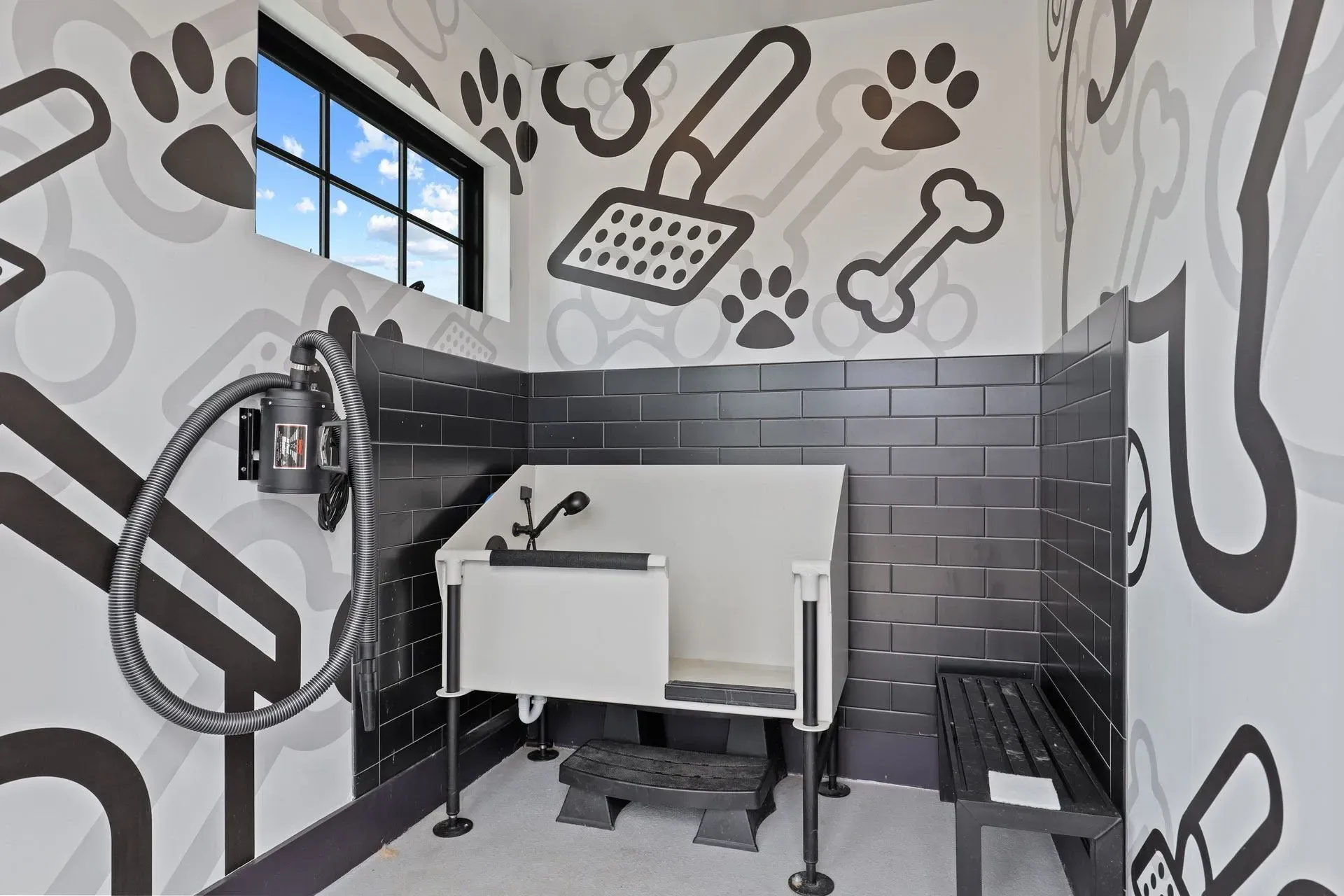 Pet grooming station with a wash tub and hairdryer.
