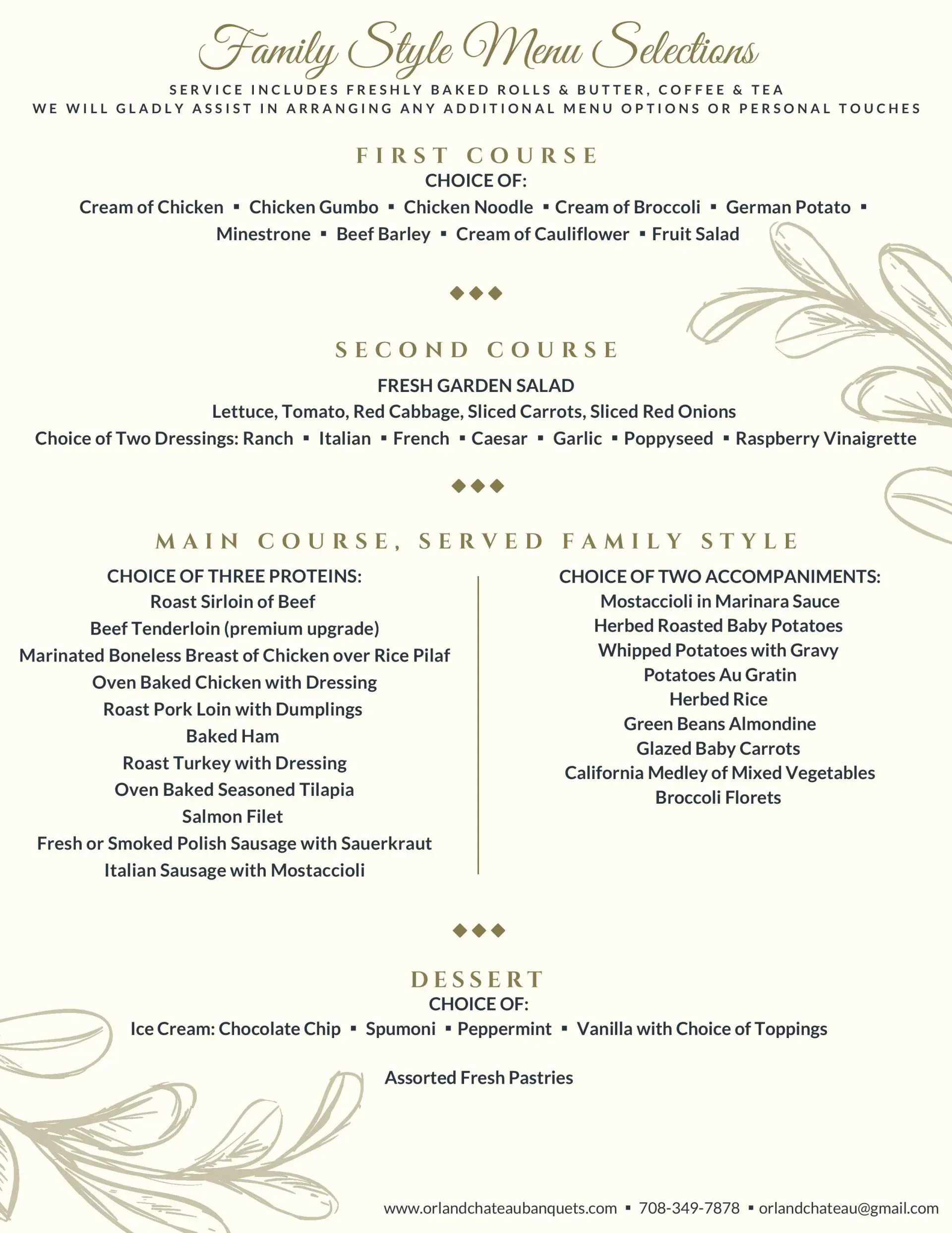 Elegant cream and gold wedding menu card with floral border and centered text listing dinner courses and buffet options