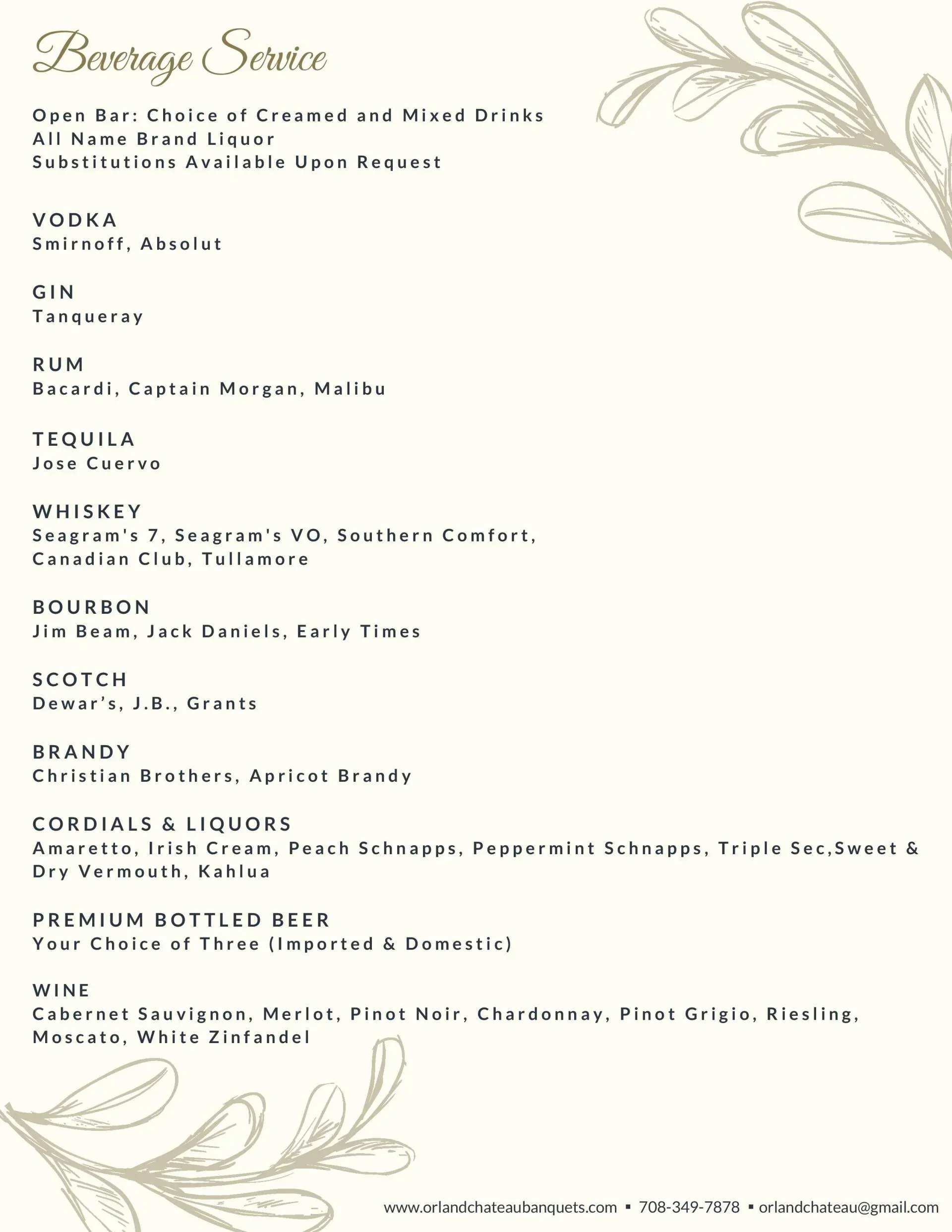 Cream invitation with floral corners listing a wedding ceremony, reception, and other event details.