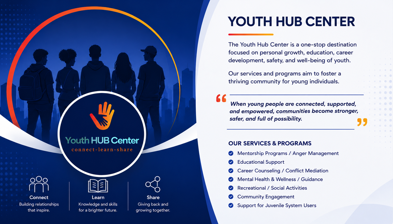 Youth Hub Center flyer with silhouettes in a blue circle and event details on a white panel