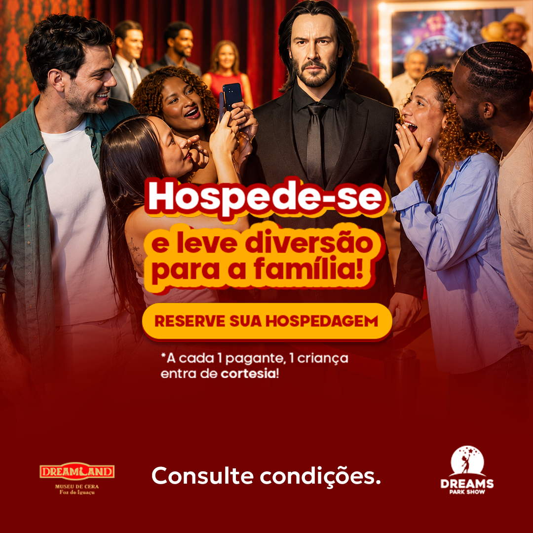 Casal em festa com texto promocional: hospede-se e leve diversão para a família; reserve já.
