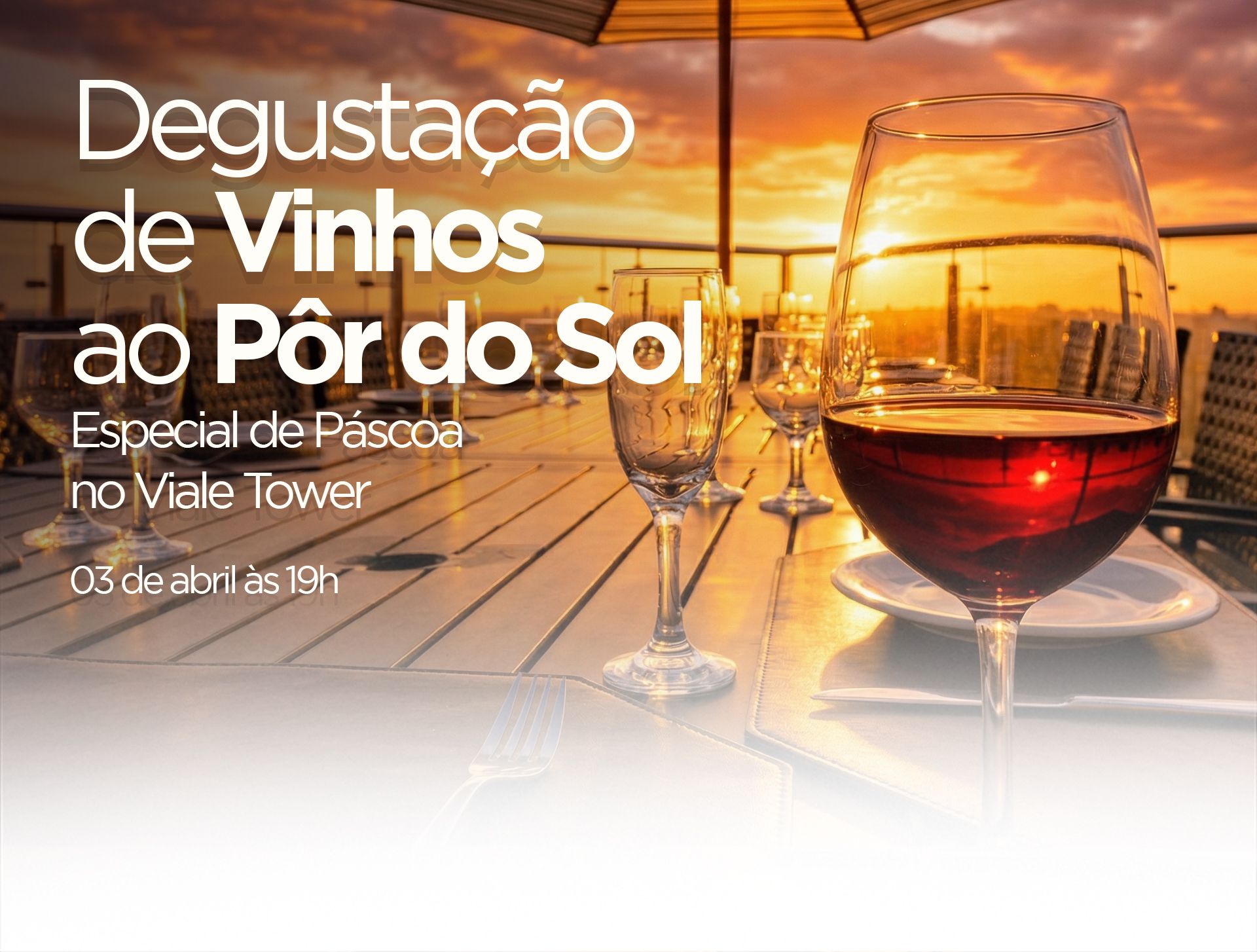 Wine glass on a table at sunset. Text: