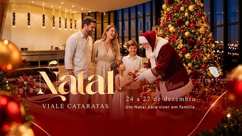Papai Noel com um casal ao lado de uma árvore de Natal decorada e a palavra "Natal" em inglês.