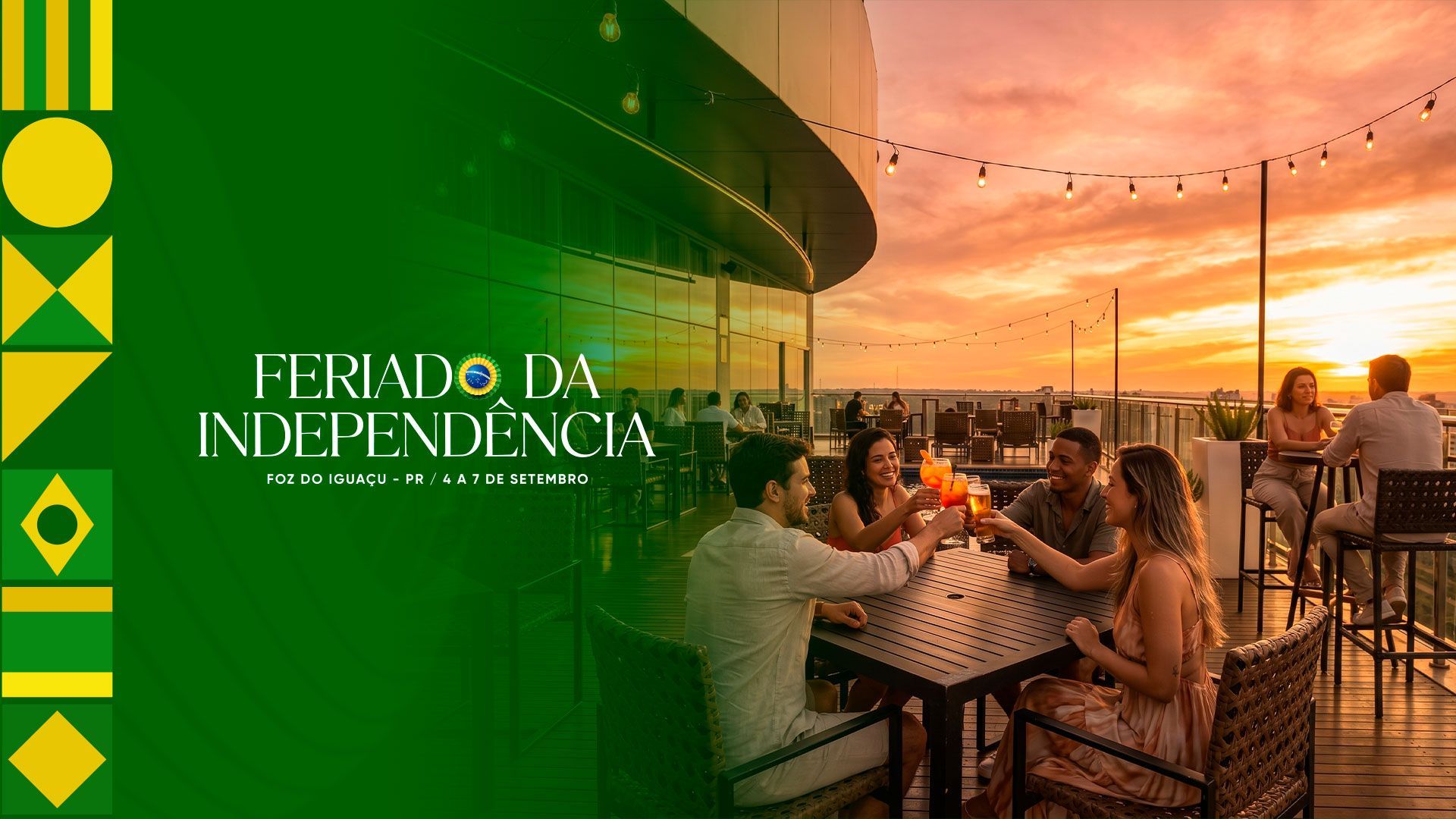 Banner do Feriado da Independência com pôr do sol e pessoas reunidas em varanda