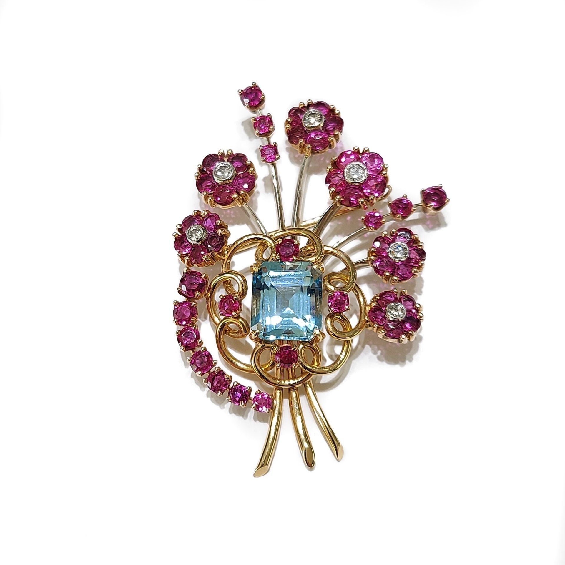 Aquamarine and Ruby Brooch