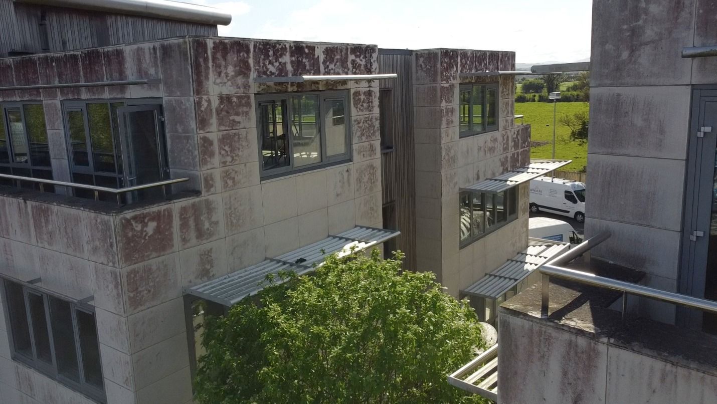 An aerial view of a large building with a tree in front of it.