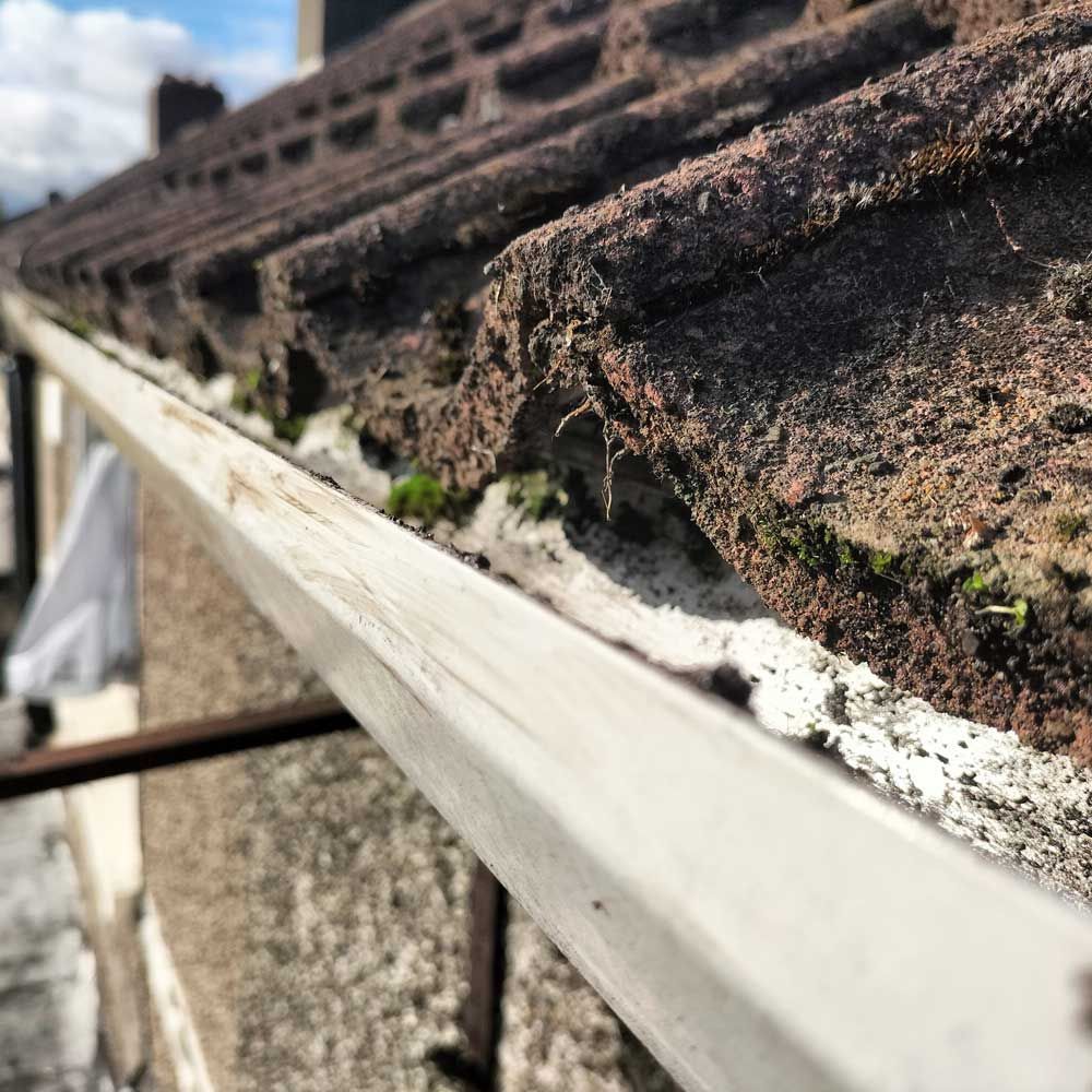 A close up of a gutter on the roof of a building.