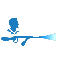 A silhouette of a man holding a high pressure washer.