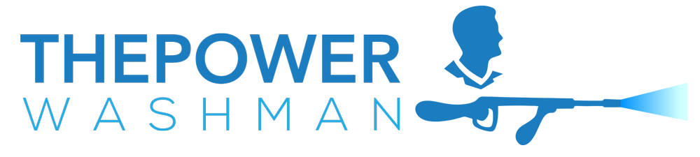 A logo for the power washman with a silhouette of a man holding a hose.