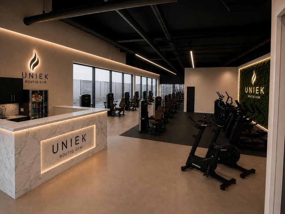 Modern fitnesscentrum met receptie, hometrainers en grote ramen.