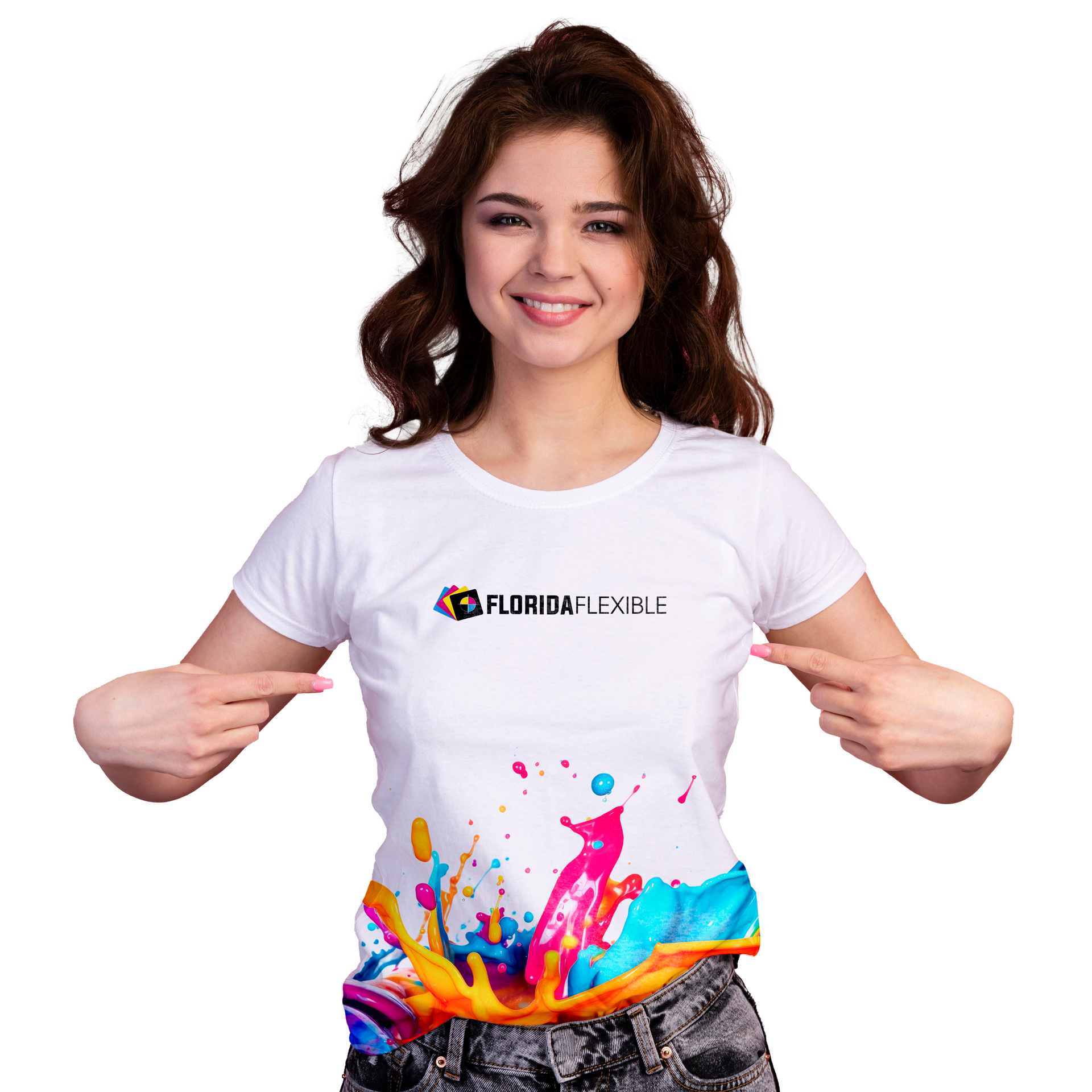 Woman in white t-shirt with Florida Flexible logo, pointing at colorful paint splash design.