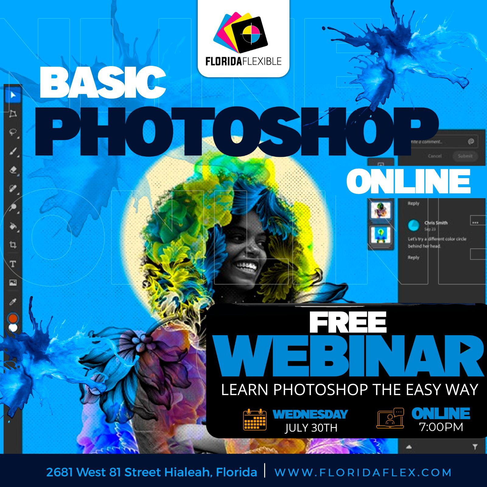Blue graphic promoting a free online basic Photoshop webinar on July 30th.