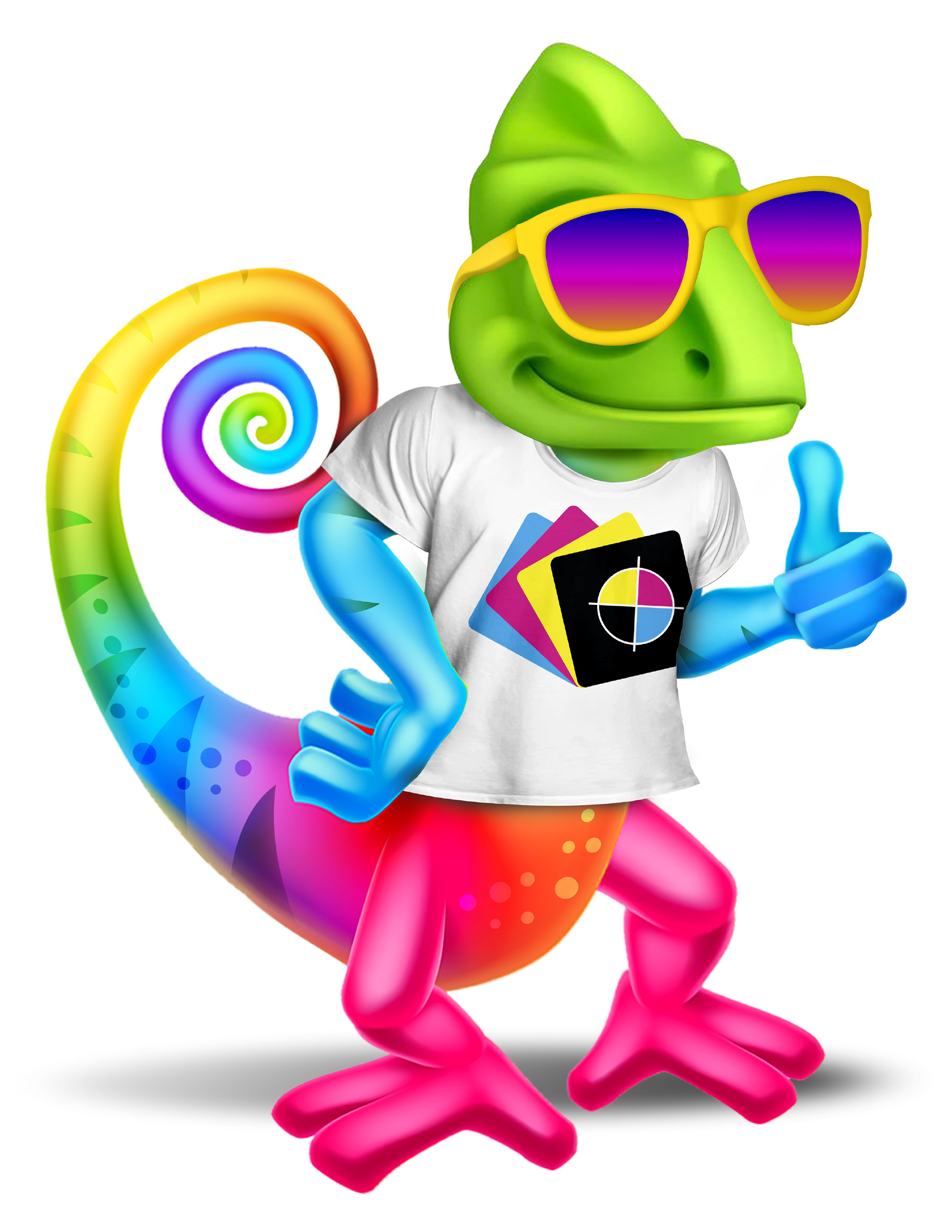 Colorful chameleon mascot wearing sunglasses and a shirt giving a thumbs up.