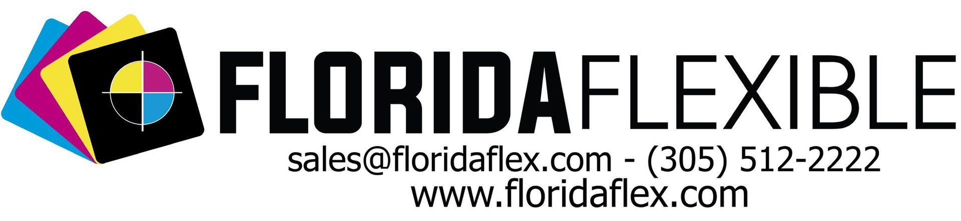 Logo of Florida Flexible: Text with email and phone number, with a color swatch graphic.