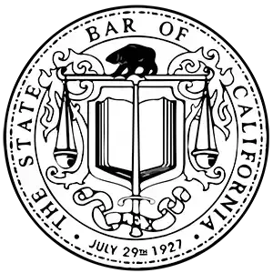 The seal of the bar of california is black and white.
