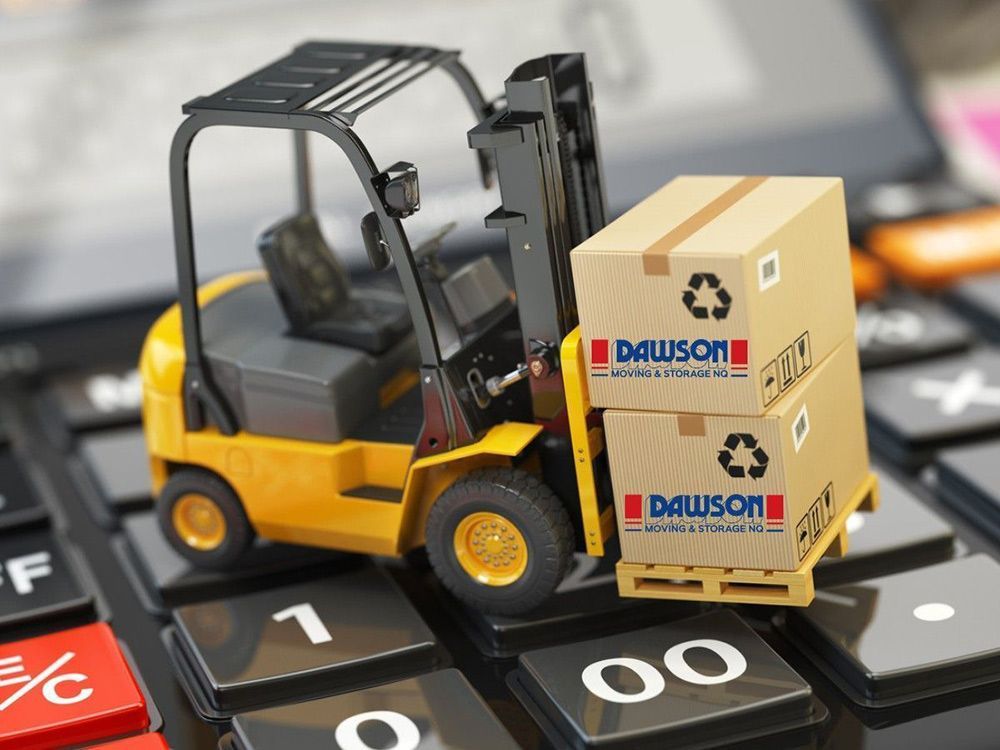 A Toy Forklift Is Carrying A Stack Of Dawson Boxes On A Calculator — Dawson Moving & Storage NQ in Mount St John, QLD